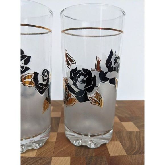 Vintage cocktail glass Black and Gold roses barware, Japanese Glassware set - Picture 4 of 7